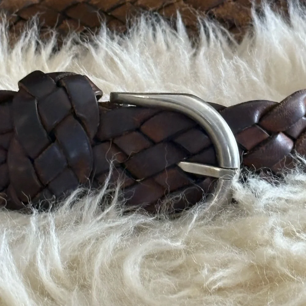 Braided Brown Leather Adjustable Belt with Silver Buckle Unisex